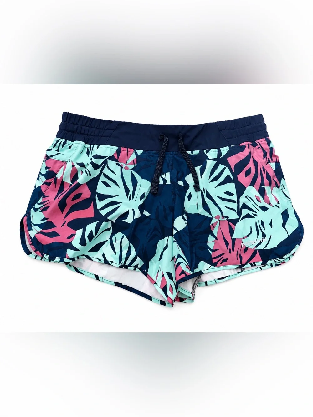 Patagonia Navy Tropical Leaf Print Athletic Running  Shorts Trail - Picture 2 of 8